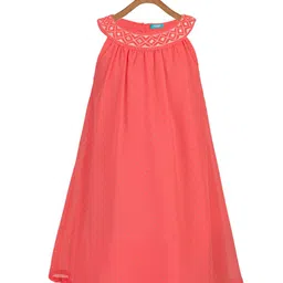 Miyo Girls Coral-Coloured Embroidered A-Line Dress-image-31