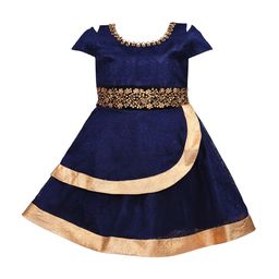 Wish Karo Girls Navy Blue Self Design Fit and Flare Silk Dress-picture-16