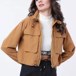 Tokyo Talkies Women Khaki Brown Solid Crop Tailored Jacket-image-64