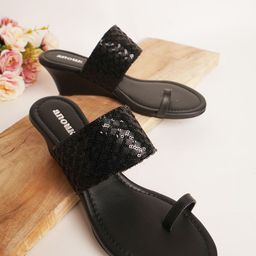 Anouk Black Ethnic Embellished One Toe Wedges-28