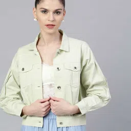 STREET 9 Women Green Solid Denim Jacket-image-13