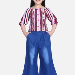 StyleStone Girls Purple & Blue Striped Cotton Smocked Top with Denim Culottes-image-75