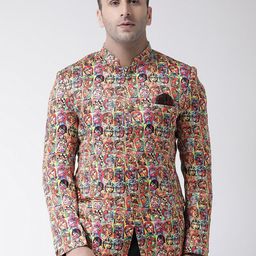 Hangup Men Orange & Green Printed Bandhgala Blazer-picture-42