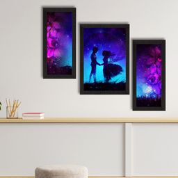 eCraftIndia Set Of 3 Blue & Pink Loving Couple Under Moon Light Wall Art-24