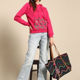 Sangria Women Fuchsia & Green Printed Raglan Sleeves Hooded Sweatshirt-image-85