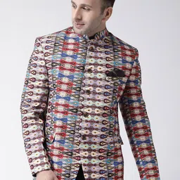 Hangup Men Beige & Red Printed Bandhgala Blazer-0