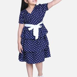 StyleStone Girls Navy Blue & White Polka Dots Printed Tiered Casual Dress-picture-28