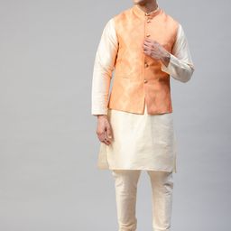 MANQ Men Cream-Coloured & Peach Kurta with Churidar & Woven design Nehru Jacket-8