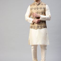 MANQ Men Cream-Coloured & Beig Kurta with Churidar & Woven Design Nehru Jacket-41