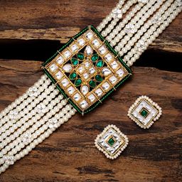Zaveri Pearls Gold-Plated White & Green Pearl Beaded Stone-Studded Multistrand Jewellery Set-11