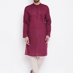 even Men Magenta Solid Straight Kurta-2