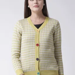 Club York Women Yellow & White Checked Cardigan Sweater-image-5
