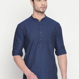 indus route by Pantaloons Men Navy Blue Woven Design Straight Kurta-image-46