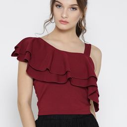 Veni Vidi Vici Maroon One Shoulder Fitted Crop Top-image-48