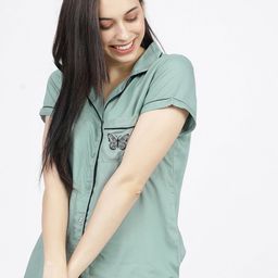 Tokyo Talkies Women Teal & Black Solid Sleep Shirt-image-50