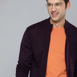 Mast & Harbour Men Burgundy Self-Striped Mock-Collar Cardigan Sweater-image-37