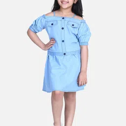 StyleStone Girls Blue Solid Top with Skirt-image-77