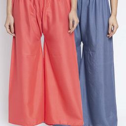 GRACIT Women Grey & Coral Set of 2 Solid Wide Leg Palazzos-11