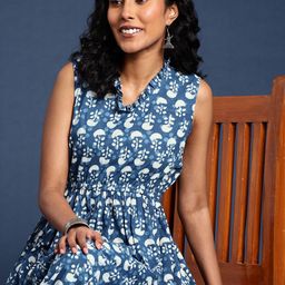 Taavi Indigo Hand Block Print Ruffled Midi Sustainable Pure Cotton A-Line Dress-8