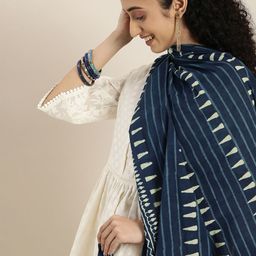 Taavi Navy Blue & Off White  Indigo Hand Block Printed Pure Cotton Dupatta-17