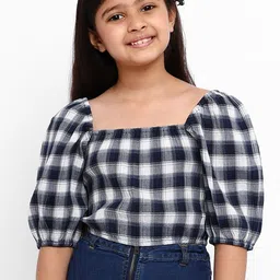 Natilene Navy Blue & White Checked Regular Crop Top-image-29
