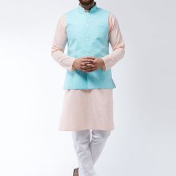 SOJANYA Men Peach-Coloured & White Solid Kurta And Churidar With Nehru Jacket-15