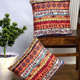 Alina decor Off-White & Mustard Yellow Set of 2 Ethnic Motifs Square Cushion Covers-34