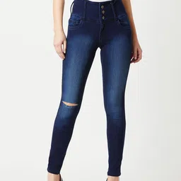 Miss Chase Women Navy Blue Skinny Fit High-Rise Slash Knee Stretchable Jeans-picture-5