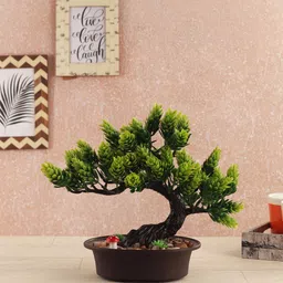 FOLIYAJ Green Artificial Bent Bonsai With Pot-55