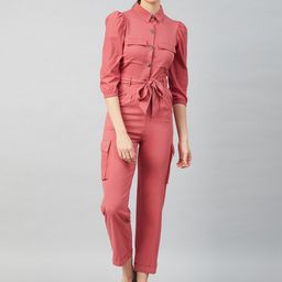 Athena Women Pink Solid Tie-Up Basic Jumpsuit-1