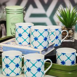 GOODHOMES Set of 6 White & Blue Geometric Printed Bone China Glossy Mugs-1