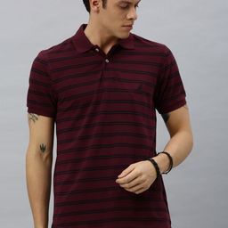 Nautica Men Burgundy & Navy Blue Striped Polo Collar Pure Cotton Slim Fit T-shirt-image-100