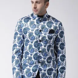Hangup White & Blue Printed Bandhgala Blazer-image-89