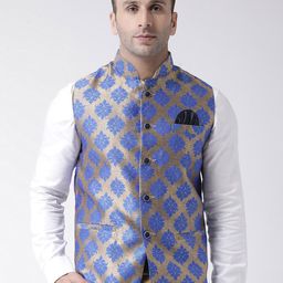 Hangup Men Gold-Coloured & Blue Printed UV Protected Nehru Jacket-57