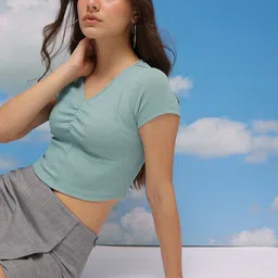 CORSICA Ribbed V-Neck Ruched Effect Crop Top-picture-21