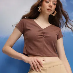 CORSICA Ribbed V-Neck Ruched Effect Crop Top-picture-15
