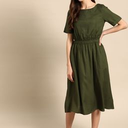 ether Women Olive Green Solid A-Line Dress-image-95