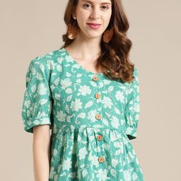 Varanga Green Floral Printed Puff Sleeve Cinched Waist Top-image-74