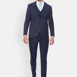 Louis Philippe Permapress Men Navy Blue & Beige Striped Slim-Fit Single-Breasted Four-Piece Formal Suit-image-72