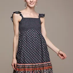 Label Ritu Kumar Navy Blue Print Empire Longline Top-image-7