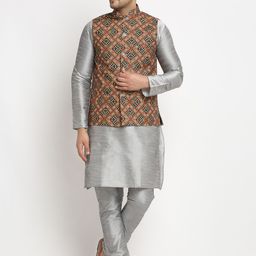 Benstoke Men Silver-Toned & Brown Dupion Silk Kurta with Churidar-picture-13
