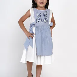 Bitiya by Bhama Girls Blue & White Striped Fit and Flare Layered Dress-image-1