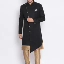 Hangup Men Black & Gold-Coloured Solid Sherwani Set-26
