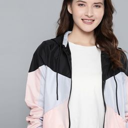 Mast & Harbour Women Pink & Black Colourblocked Lightweight Hooded Bomber Jacket-picture-19