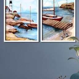 Art Street Set Of 2 Blue & Brown Sea Port Framed Canvas Wall Art-47