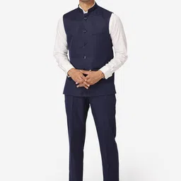 Wintage Men Navy Blue Solid Bandhgala Formal Two-Piece Suit-image-25