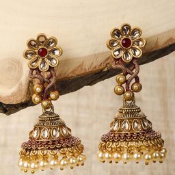 Priyaasi Women Red Kundan Handcraft Gold-Plated Jhumka Earrings-44
