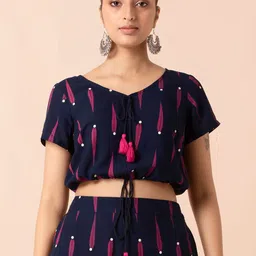 INDYA Navy Blue & Pink Geometric Printed Blouson Crop Top-image-36