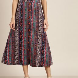 Qurvii Women Navy Blue & Orange Ethnic Print A-Line Midi Skirt-38
