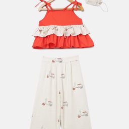 Tutus By Tutu Girls Coral Red & Cream-Coloured Printed Top with Trousers & Matching Mask-image-7